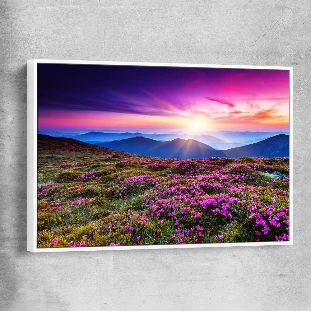 Floral print of Carpathian Mountain Bloom with white framed canvas