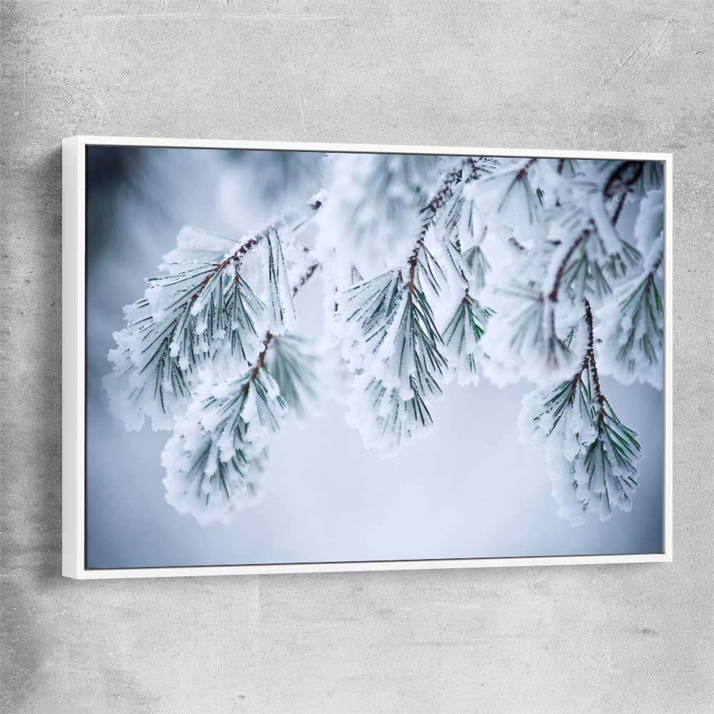 Floral print of Frosted Pine Canopy with white framed canvas