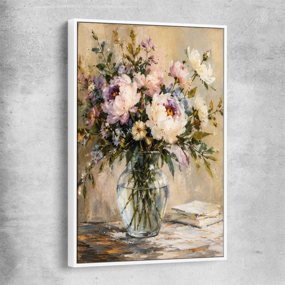 Floral print of Garden Peony with white framed canvas
