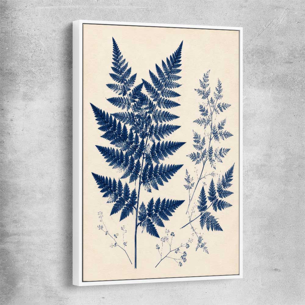 Floral print of Indigo Fern with white framed canvas