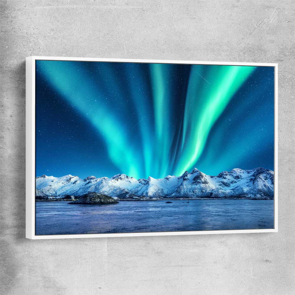 Floral print of Lofoten Aurora Norway with white framed canvas