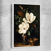 Floral print of Midnight Magnolia with white framed canvas