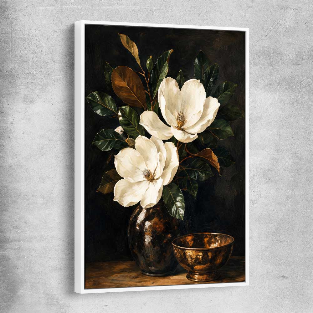 Floral print of Midnight Magnolia with white framed canvas