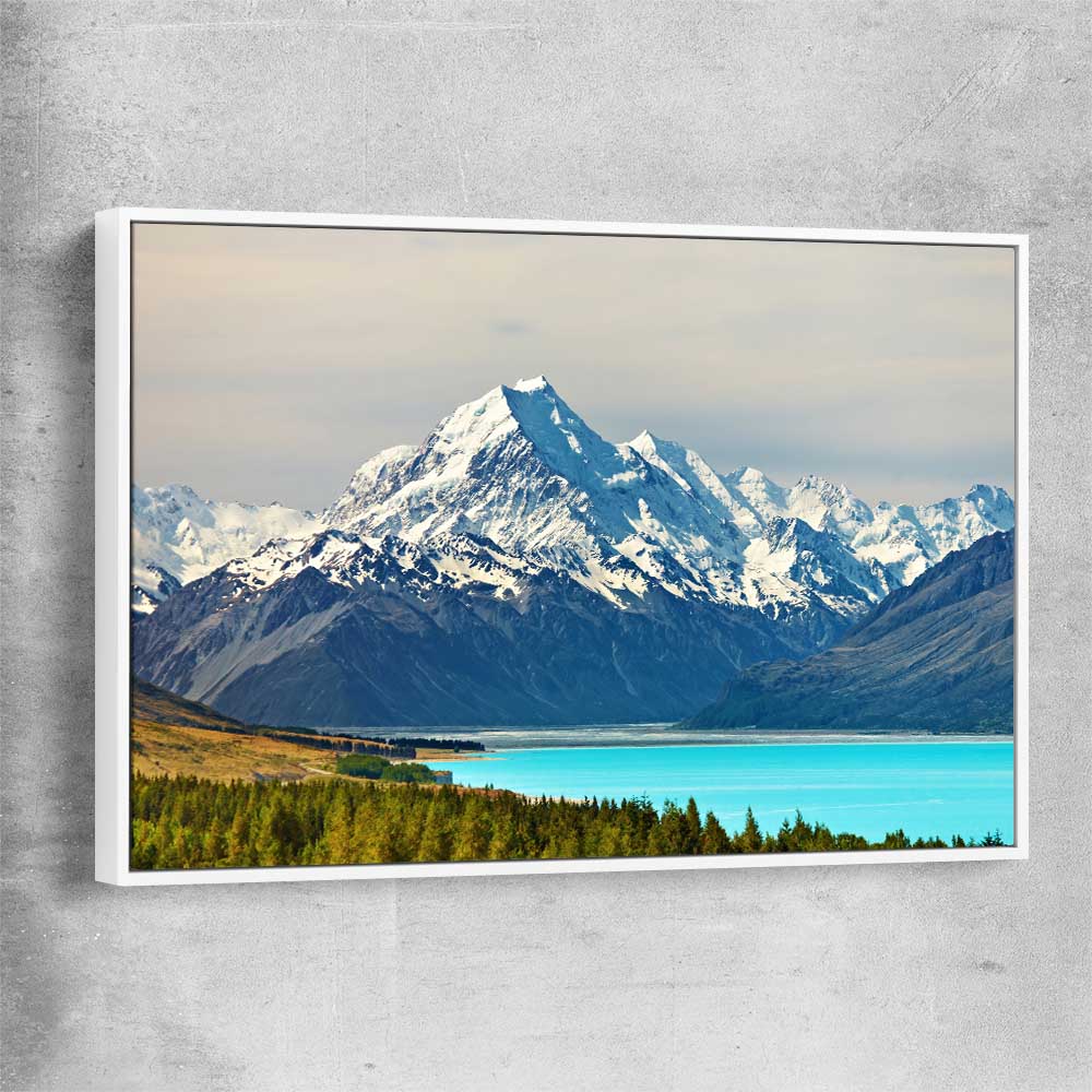 Floral print of Mount Cook Lake Tekapo with white framed canvas