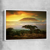 Floral print of Mount Kilimanjaro Sunset with white framed canvas