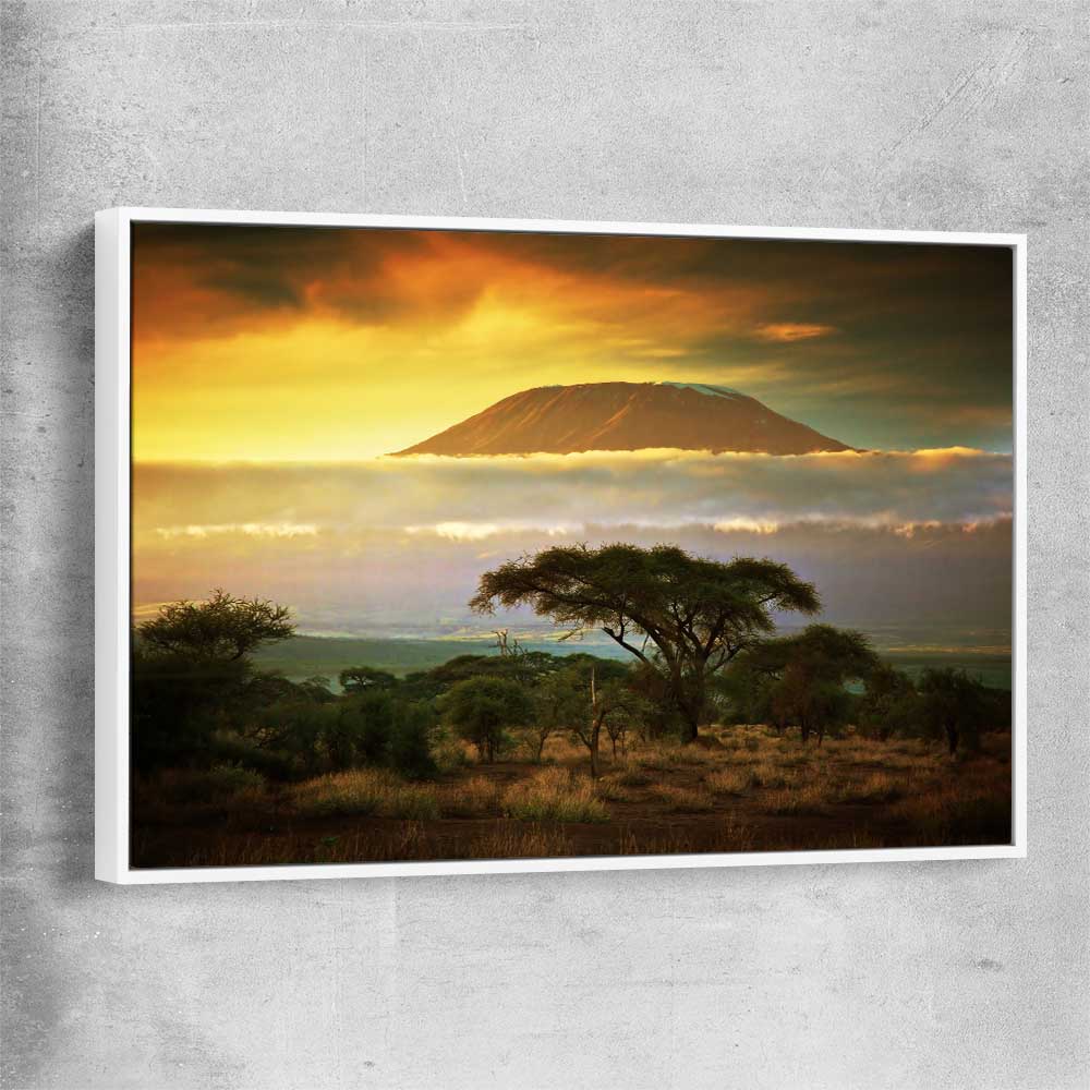 Floral print of Mount Kilimanjaro Sunset with white framed canvas