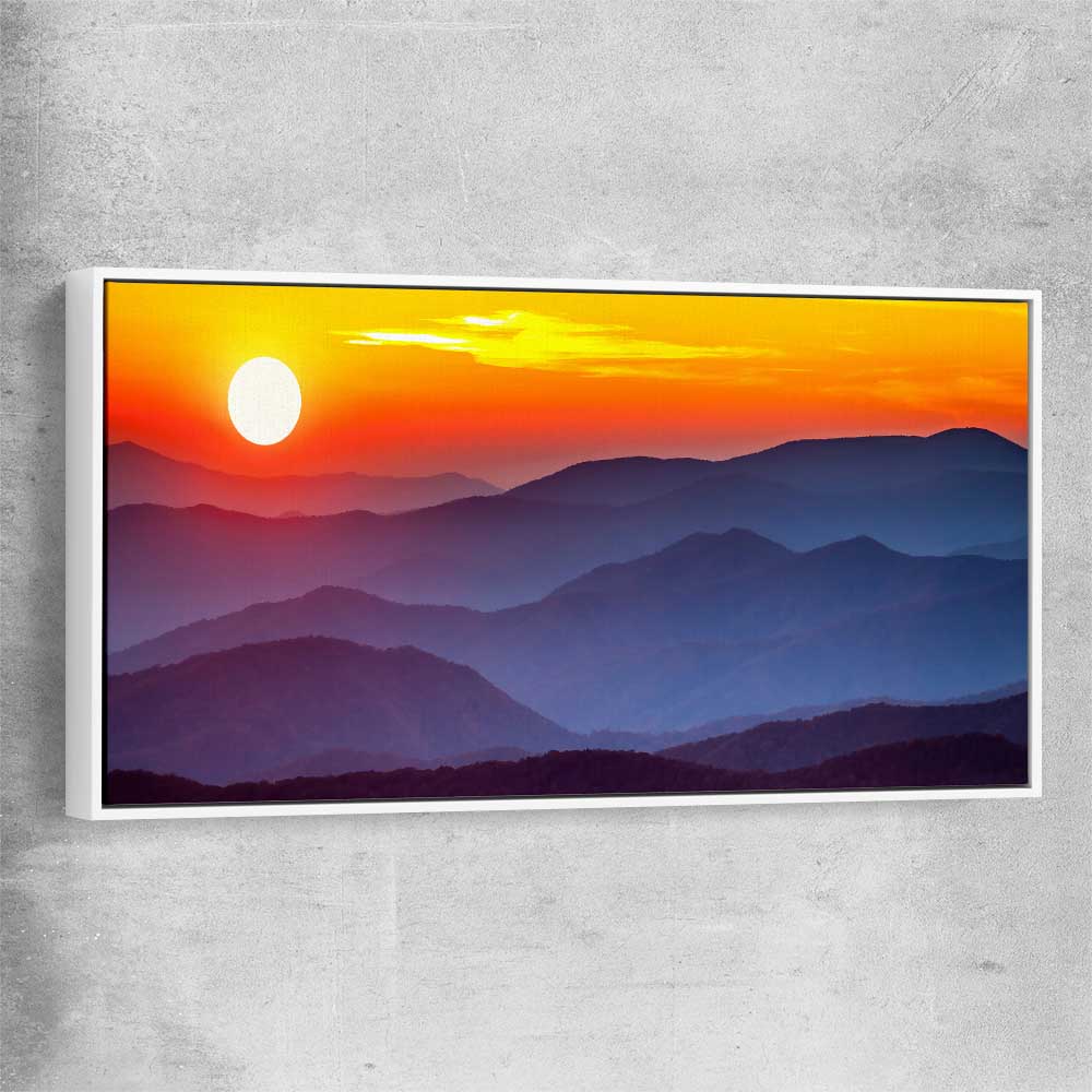 Floral print of Smoky Mountains Sunset with white framed canvas