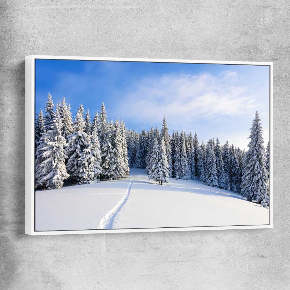 Floral print of Snowy Forest Path with white framed canvas