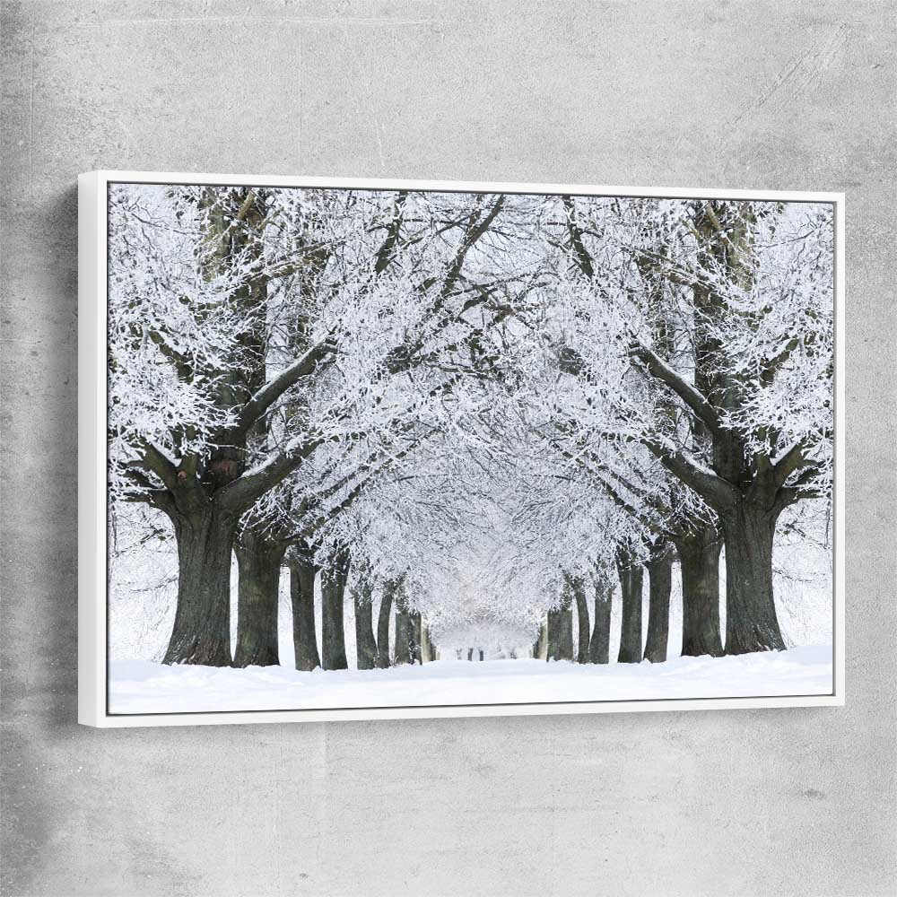 Floral print of Winter Tree Avenue with white framed canvas