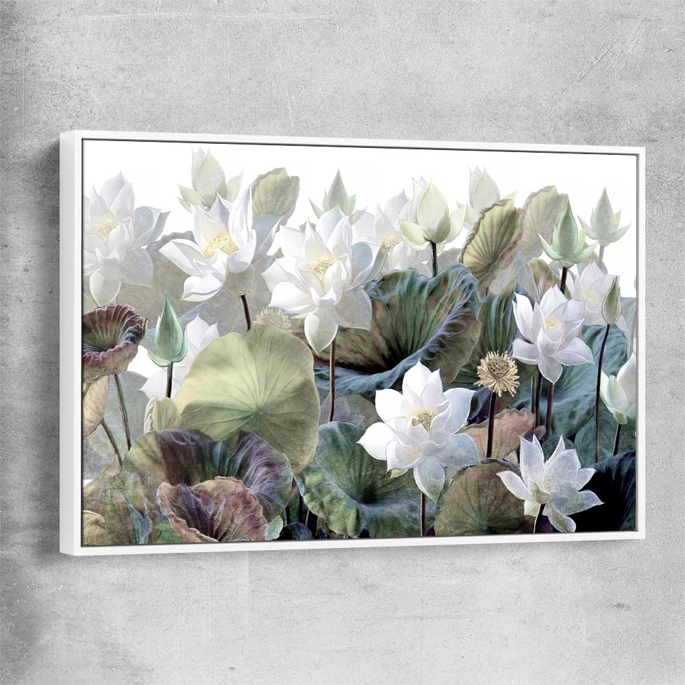 Floral print of Blooming Lotus Flowers with white framed canvas