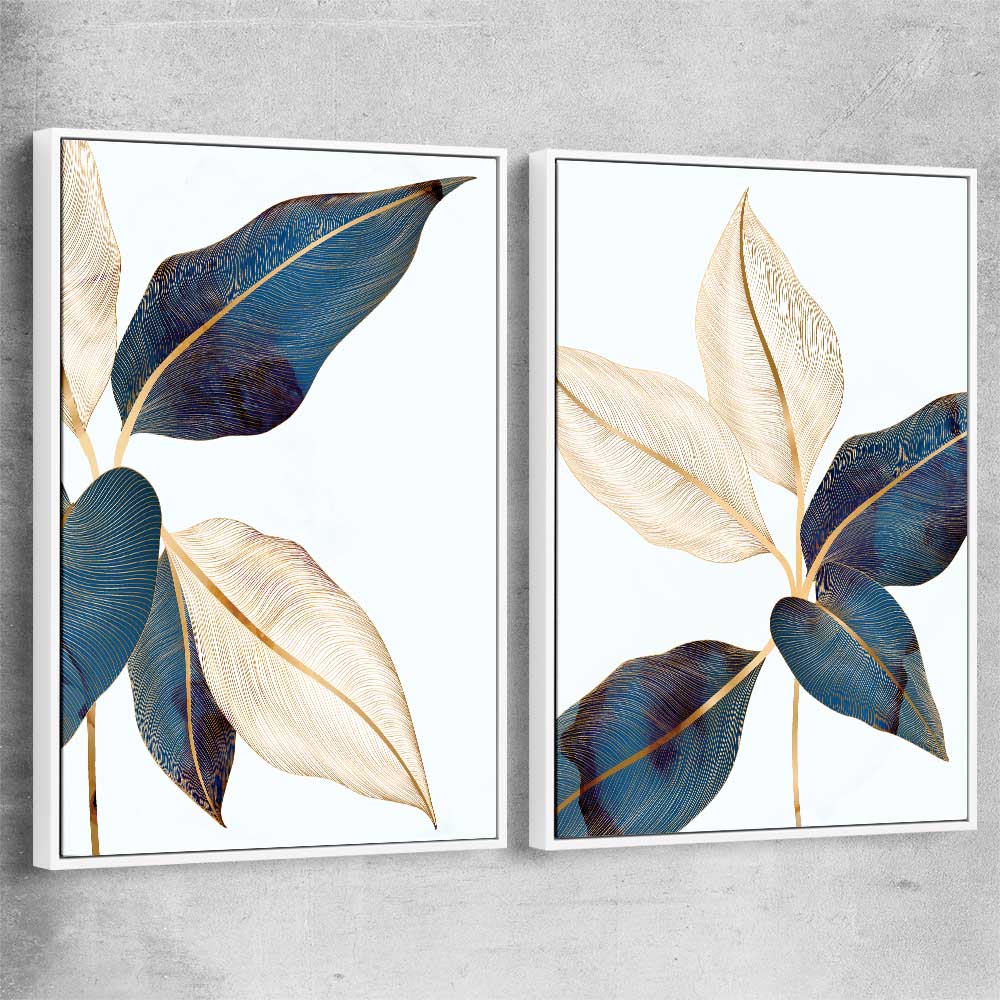Floral print of Botanic Blue Pair with white framed canvas