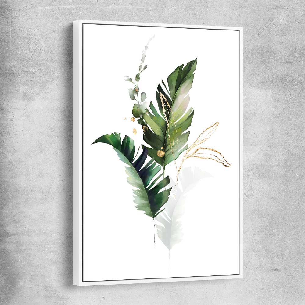 Floral print of Botanic Gold One with white framed canvas