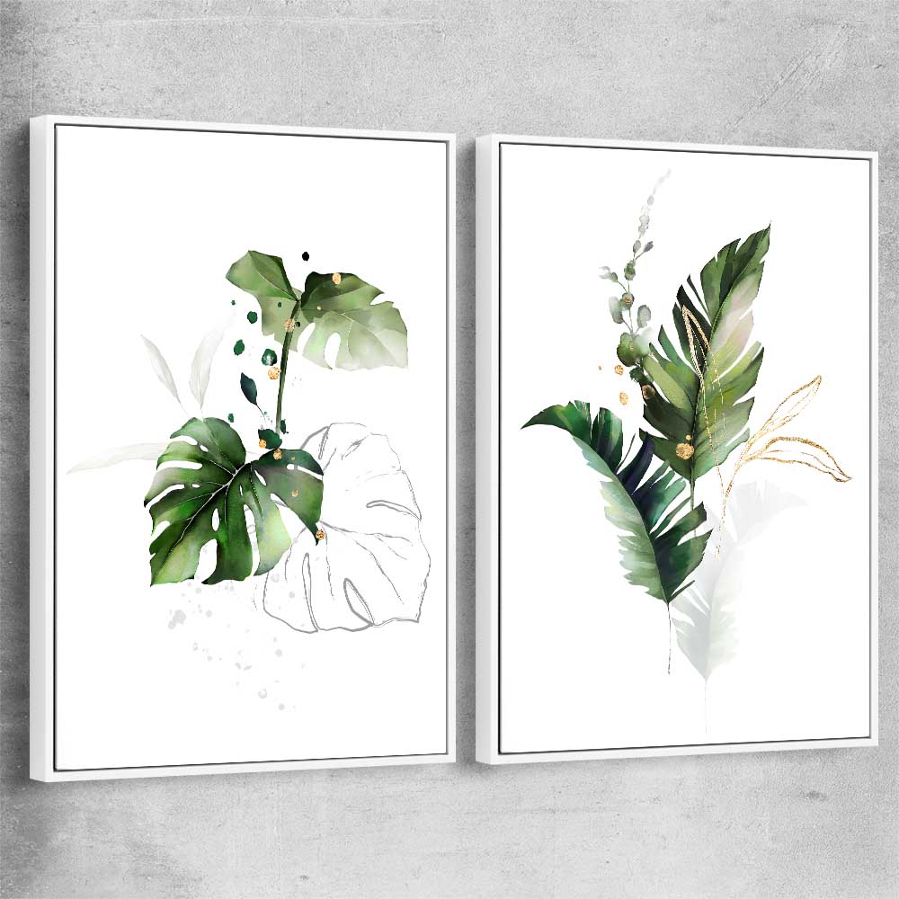 Floral print of Botanic Gold Pair with white framed canvas