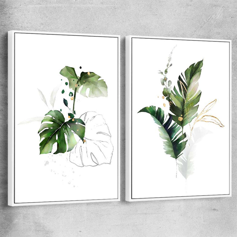 Floral print of Botanic Gold Pair with white framed canvas