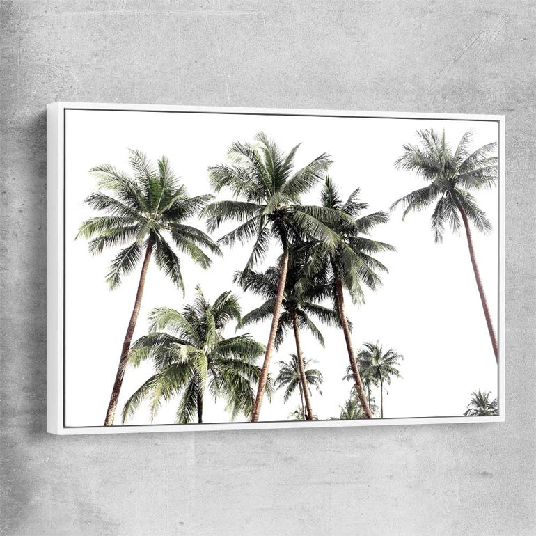 Floral print of Bright Palm Skies with white framed canvas