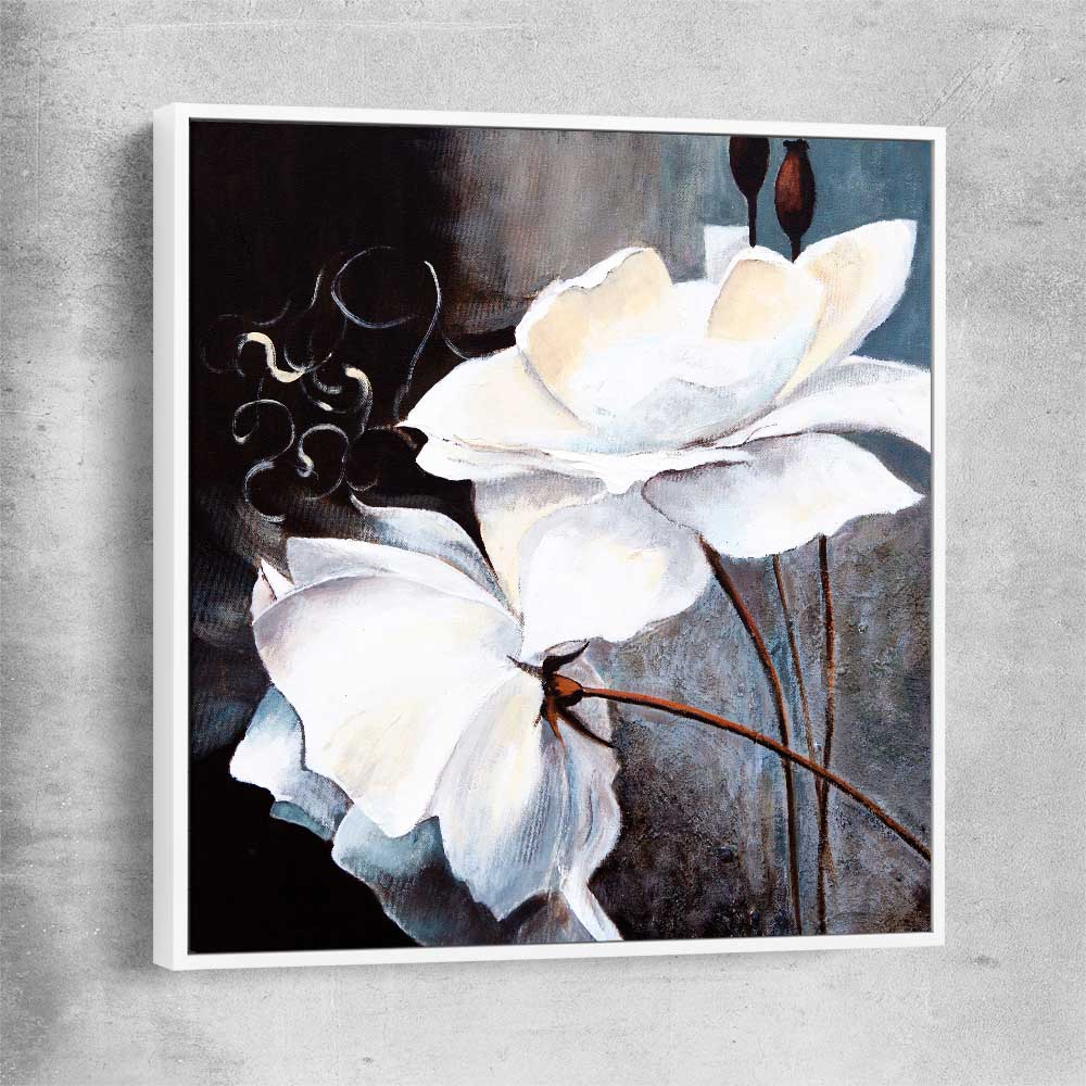 Floral print of Calming White Flowers with white framed canvas