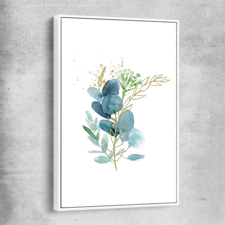 Floral print of Eucalyptus Bunch One with white framed canvas