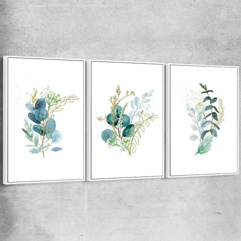 Floral print of Eucalyptus Bunch Set with white framed canvas