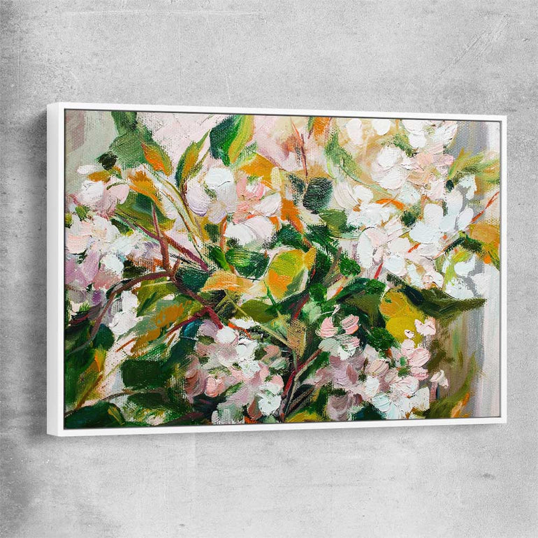 Floral print of Green Blossom with white framed canvas