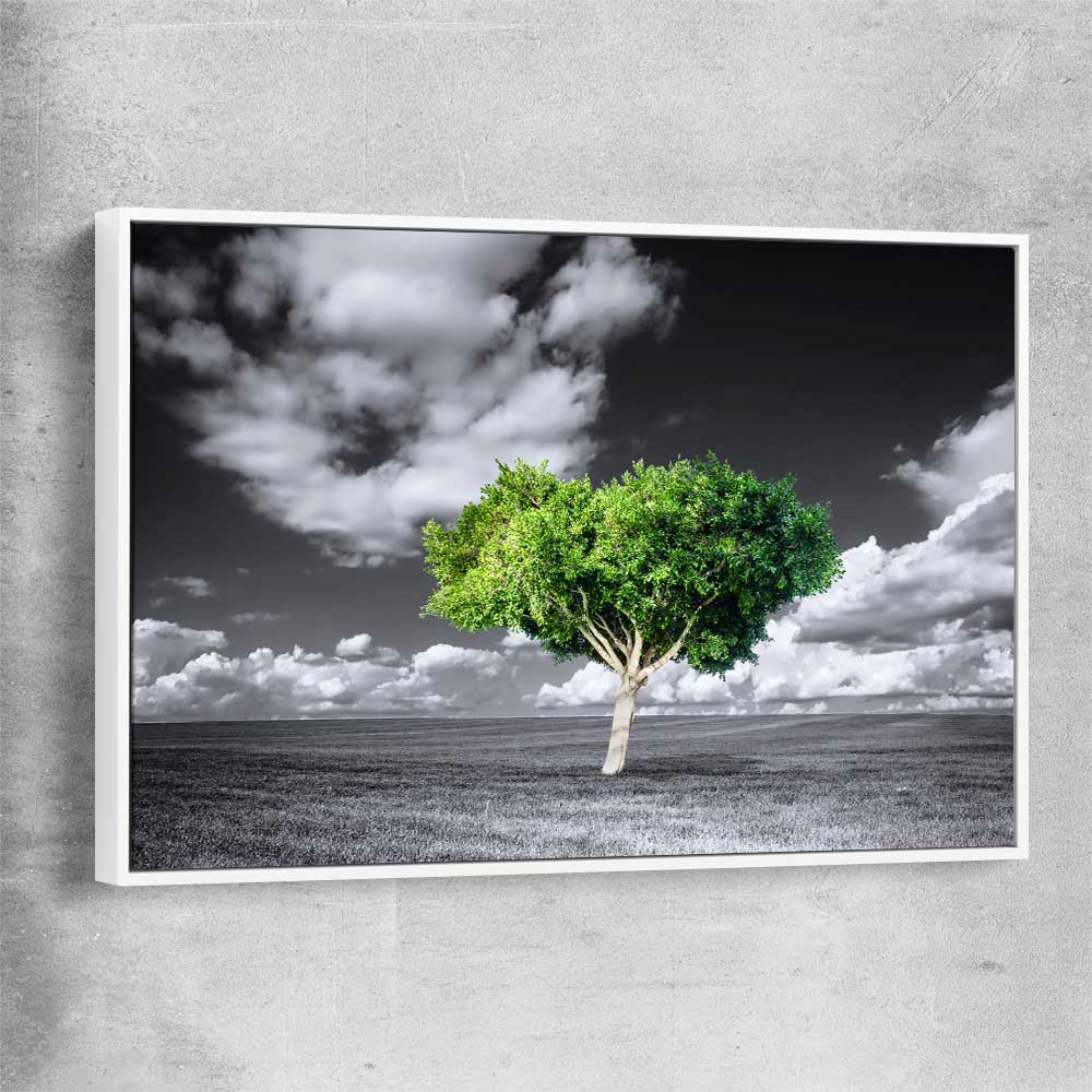 Floral print of Green Tree Horizon with white framed canvas