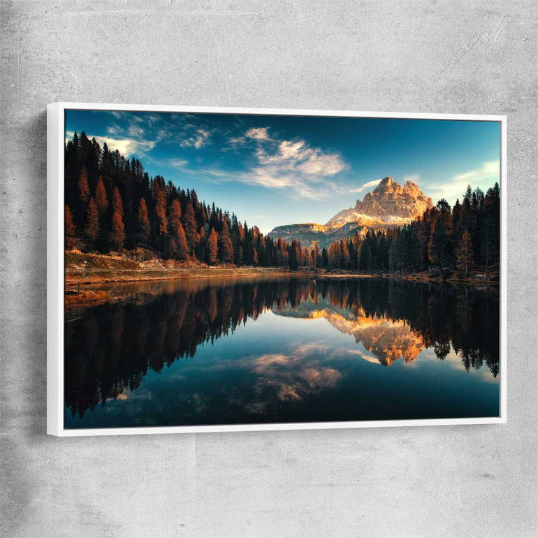 Floral print of Lago Antorno with white framed canvas