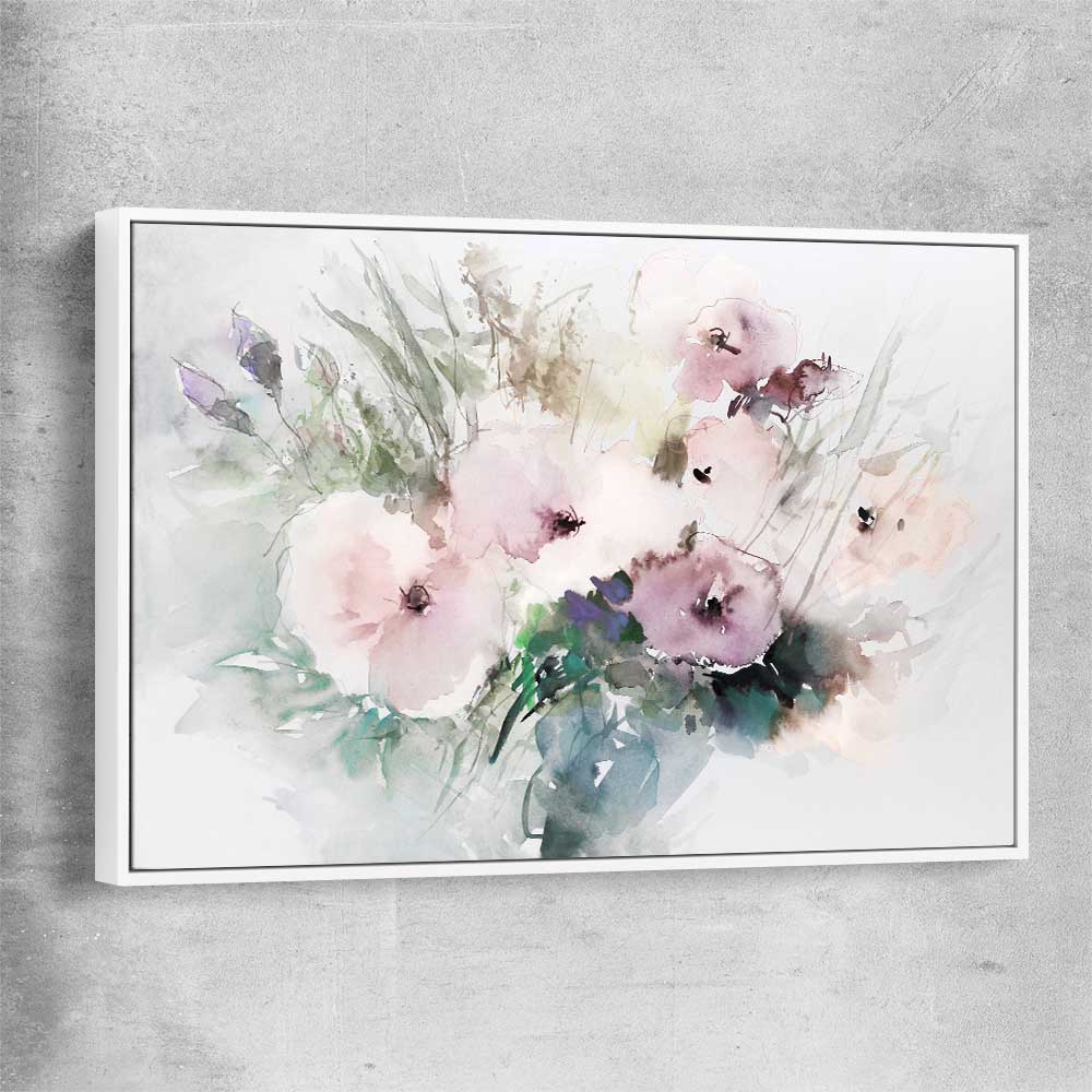 Floral print of Light Poppy Flowers with white framed canvas