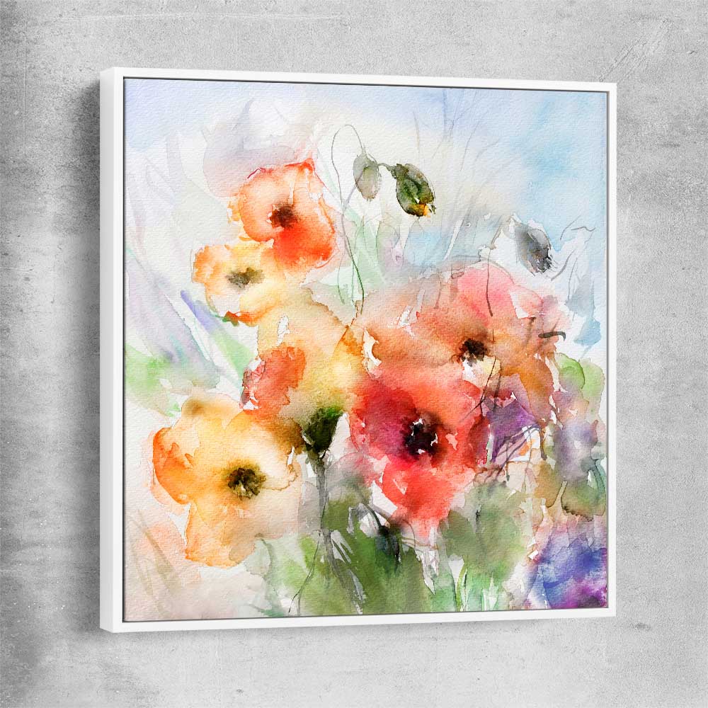 Floral print of Red Watercolour Poppies with white framed canvas