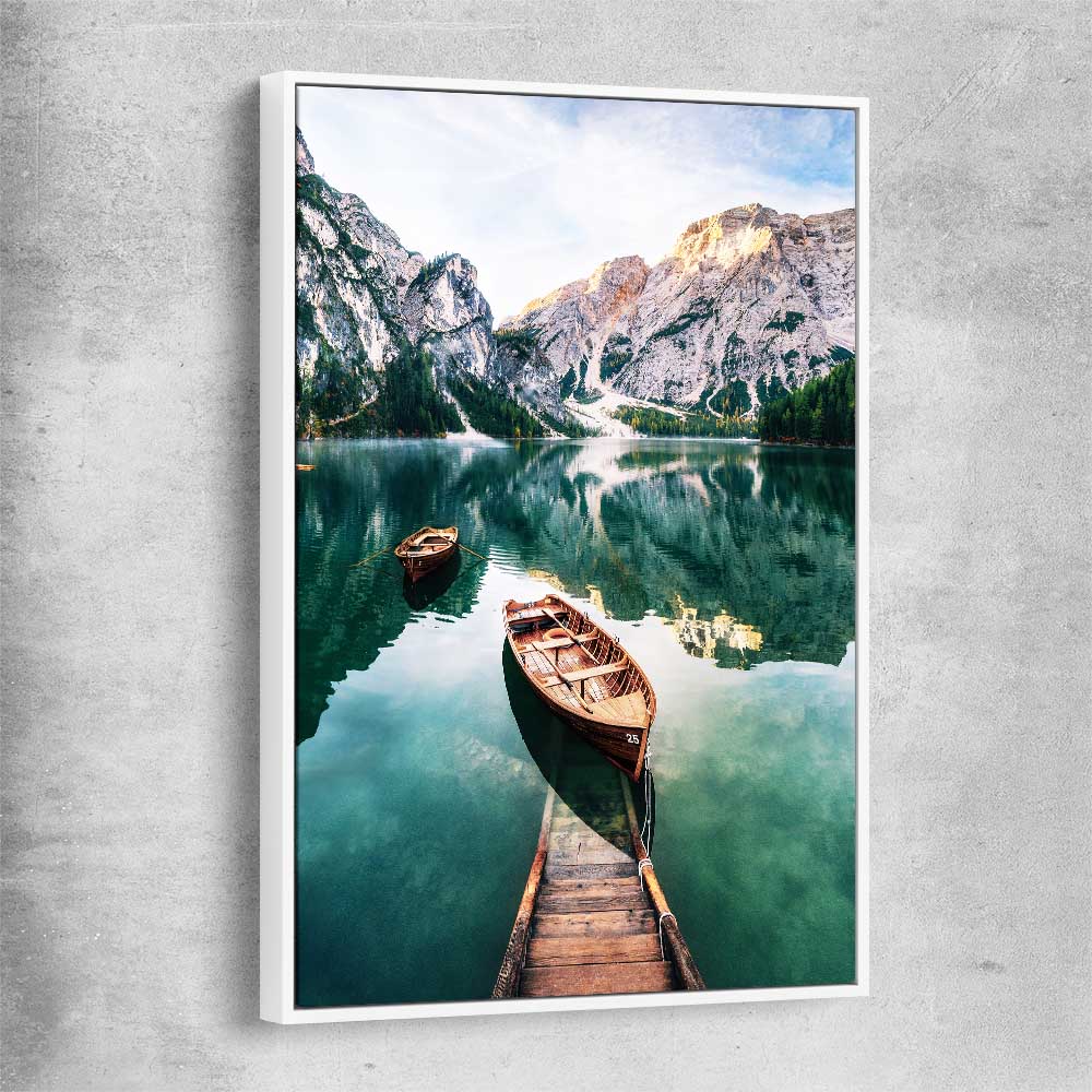 Floral print of Tranquil Lake with white framed canvas