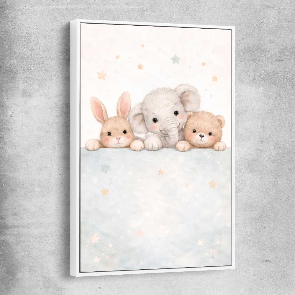 Baby Animal Trio white framed canvas is a nursery canvas wall art and print suited for childrens nursery area