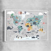 Cartoon World Map white framed canvas is a nursery canvas wall art and print suited for childrens nursery area
