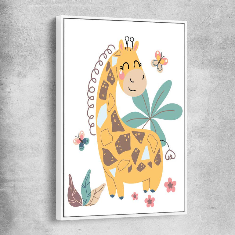 Cheerful Giraffe white framed canvas is a nursery canvas wall art and print suited for childrens nursery area