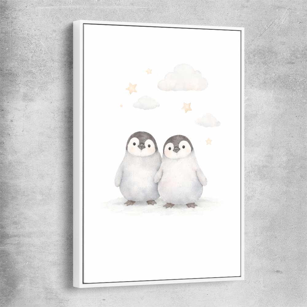 Cute Penguins white framed canvas is a nursery canvas wall art and print suited for childrens nursery area