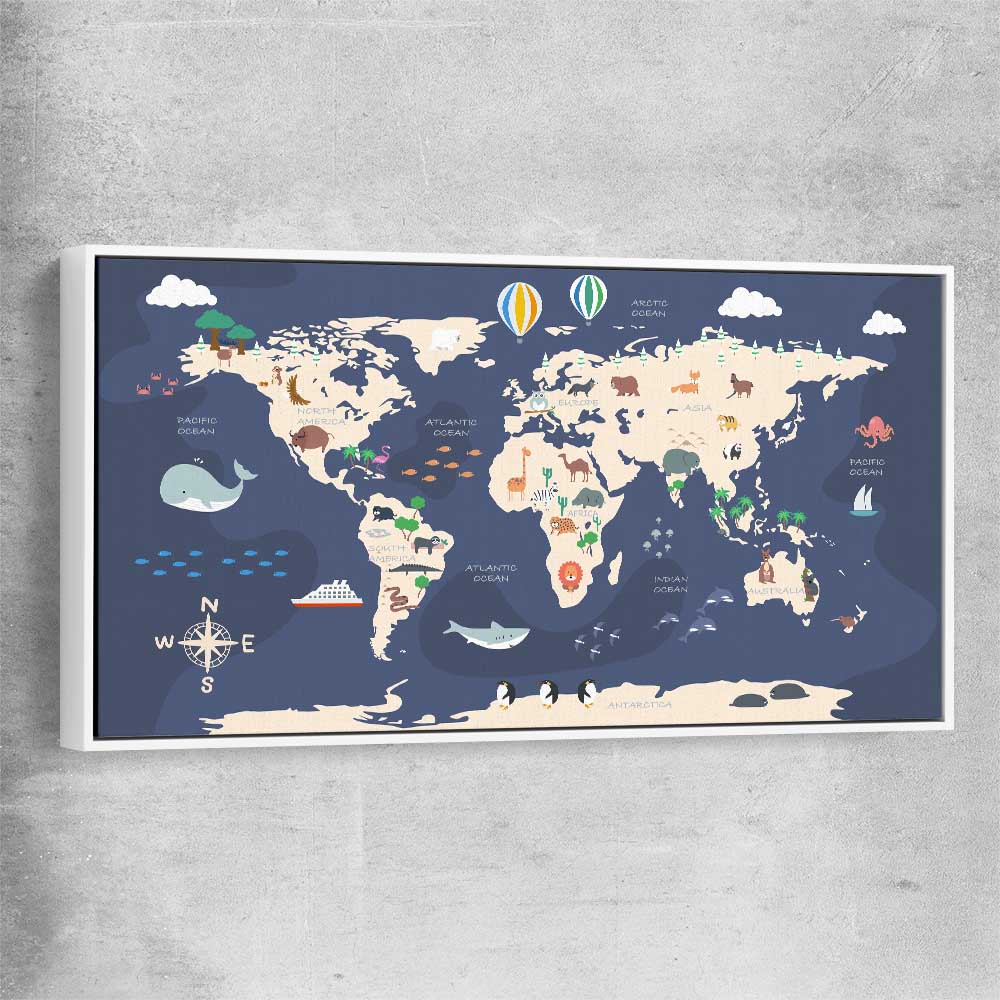 Discovery Map white framed canvas is a nursery canvas wall art and print suited for childrens nursery area