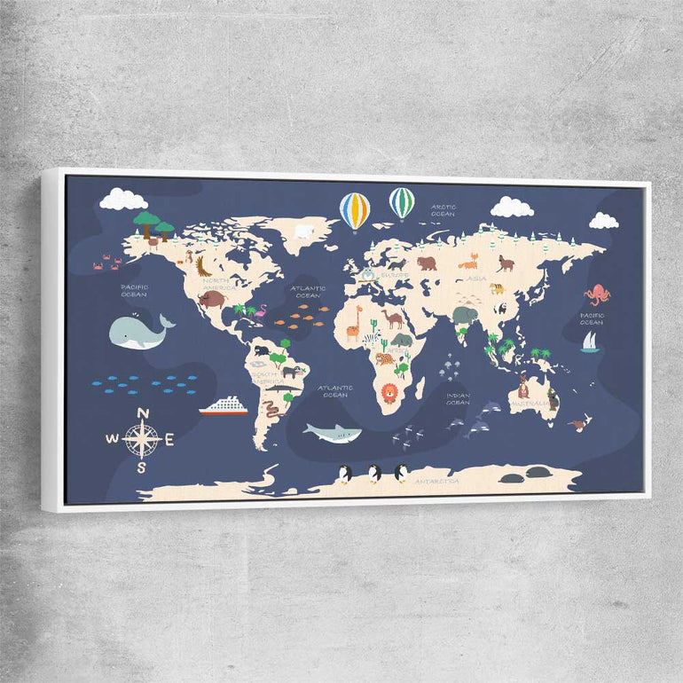 Discovery Map white framed canvas is a nursery canvas wall art and print suited for childrens nursery area