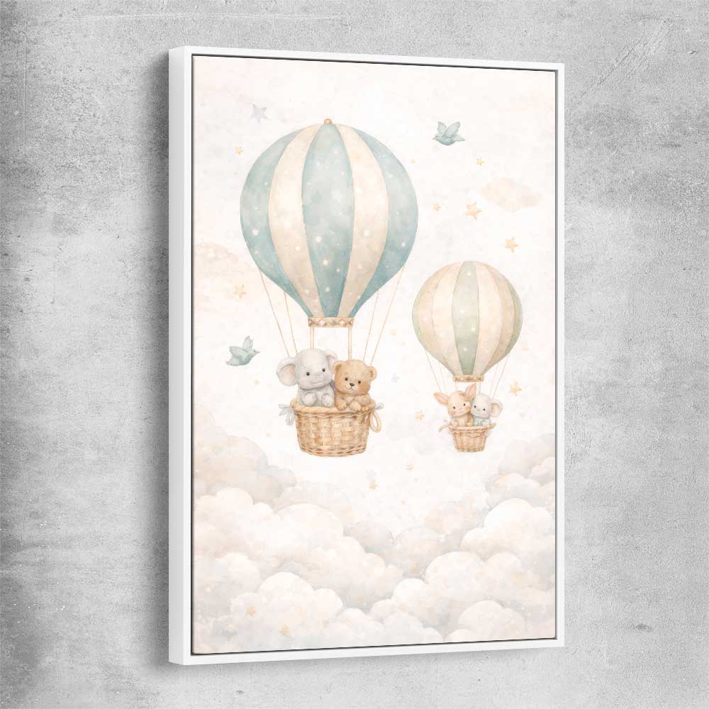 Floating Dreams white framed canvas is a nursery canvas wall art and print suited for childrens nursery area