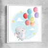 Flying Baby Elephant white framed canvas is a nursery canvas wall art and print suited for childrens nursery area