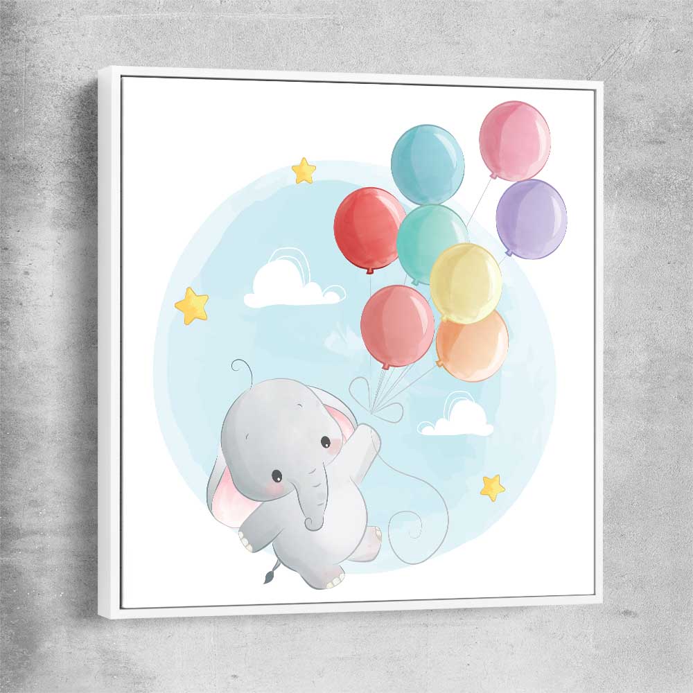 Flying Baby Elephant white framed canvas is a nursery canvas wall art and print suited for childrens nursery area