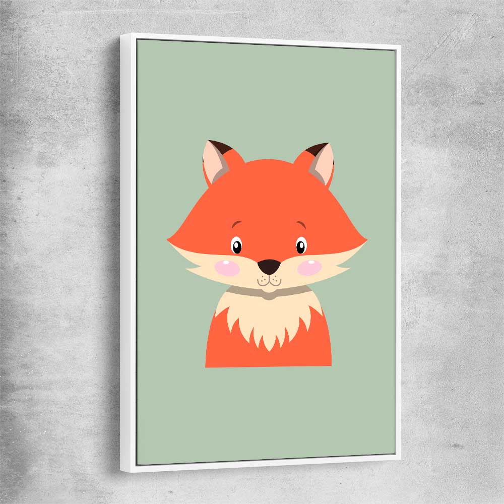 Friendly Fox white framed canvas is a nursery canvas wall art and print suited for childrens nursery area