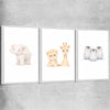 Little Animals Set white framed canvas is a nursery canvas wall art and print suited for childrens nursery area