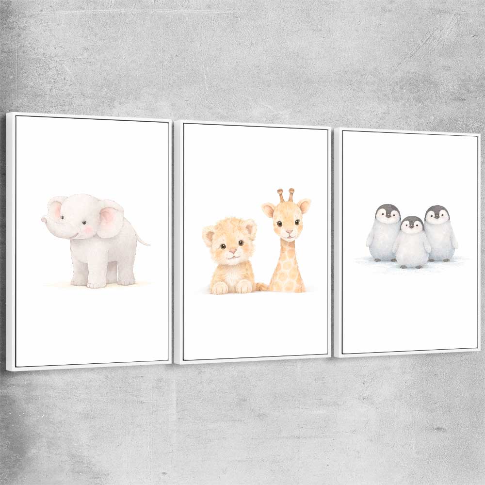 Little Animals Set white framed canvas is a nursery canvas wall art and print suited for childrens nursery area