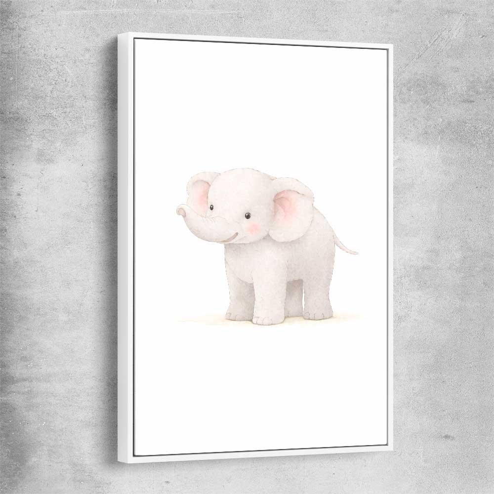 Little Elephant white framed canvas is a nursery canvas wall art and print suited for childrens nursery area