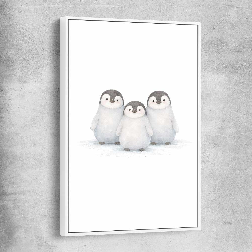 Little Penguin Trio white framed canvas is a nursery canvas wall art and print suited for childrens nursery area