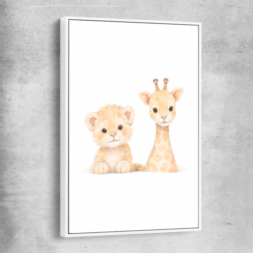 Little Safari Friends white framed canvas is a nursery canvas wall art and print suited for childrens nursery area