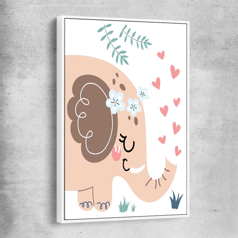 Loving Elephant white framed canvas is a nursery canvas wall art and print suited for childrens nursery area