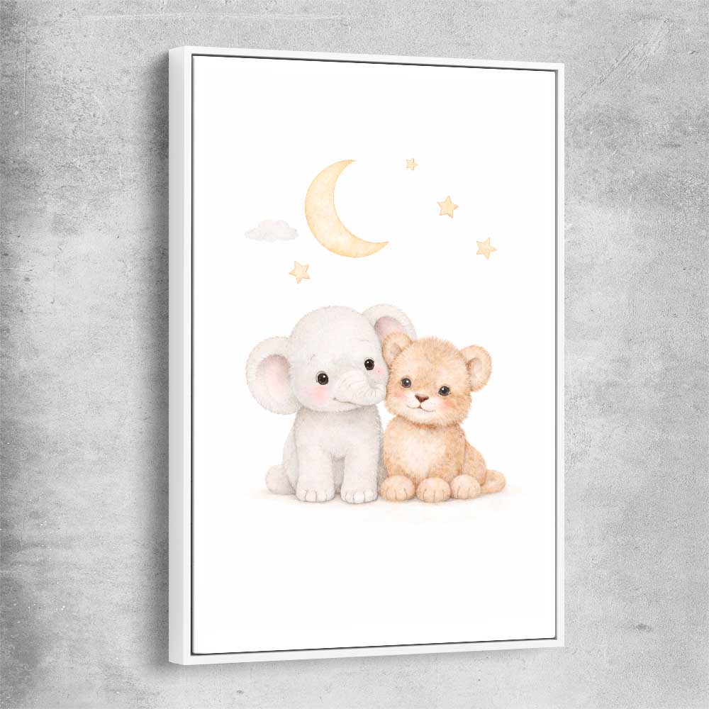 Moonlight Companions white framed canvas is a nursery canvas wall art and print suited for childrens nursery area