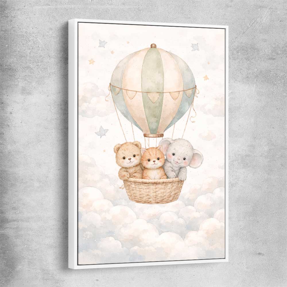 Soaring Animal Trio white framed canvas is a nursery canvas wall art and print suited for childrens nursery area