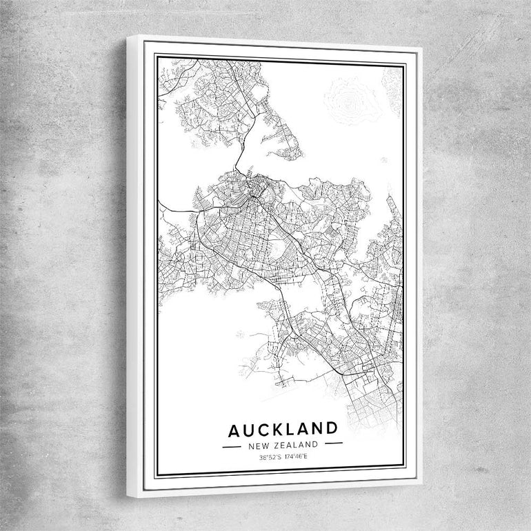 Auckland City white framed canvas is a high quality print in our city skyline, travel prints and maps collection