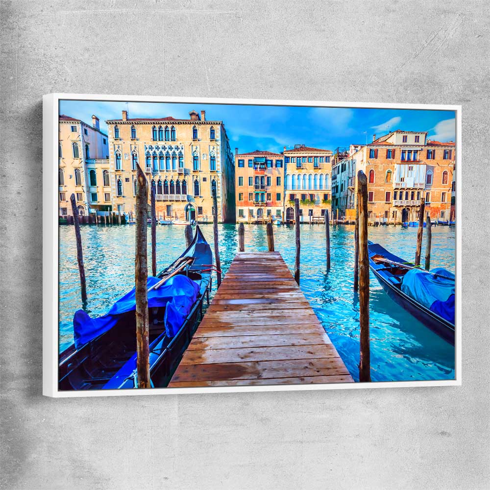 Blue Gondolas Venice white framed canvas is a high quality print in our city skyline, travel prints and maps collection