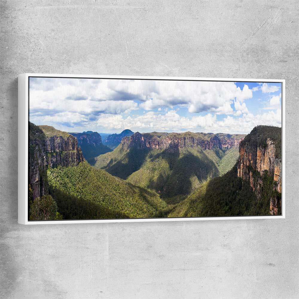 Blue Mountains Valley white framed canvas is a high quality print in our city skyline, travel prints and maps collection