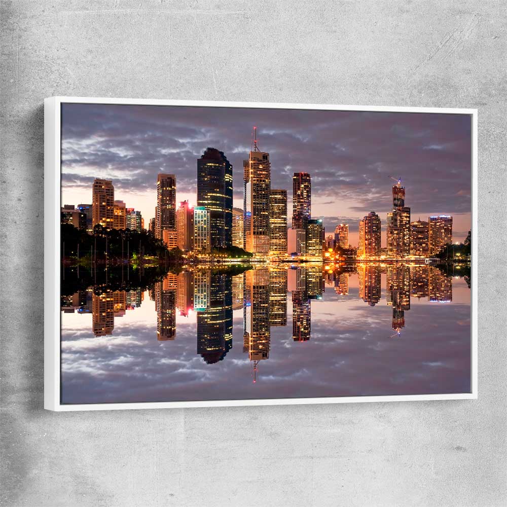 Brisbane City Reflections white framed canvas is a high quality print in our city skyline, travel prints and maps collection